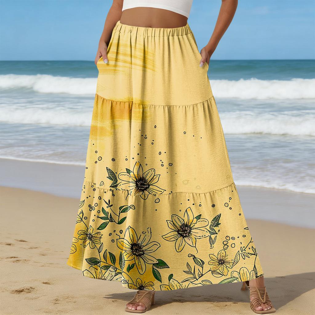 Damen Casual High Waist Kordelzug A-Linien Rock Farbiger Rock Mit Taschen