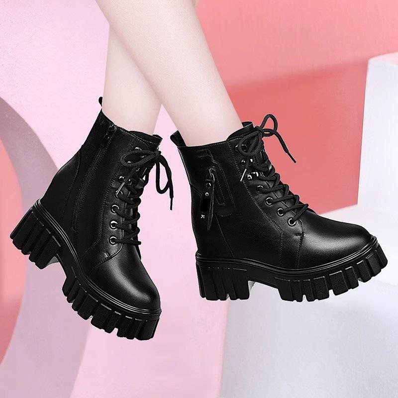 Lace-up Soft Leather Martin Boots Autumn and Winter New Single Boots Heightening British Boots Thick-soled Velvet Short Boots