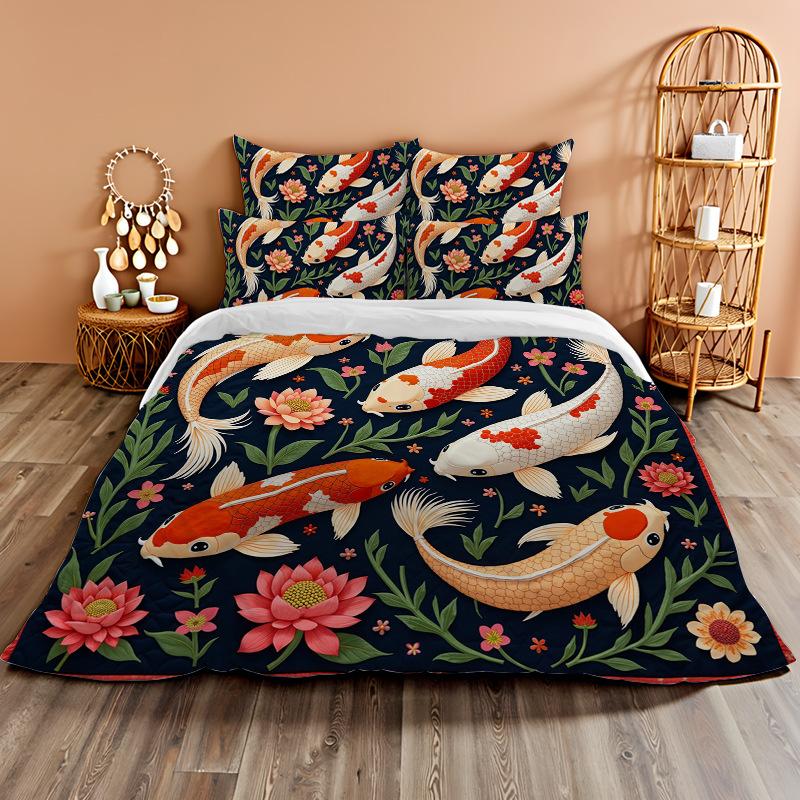 3D Digital Printing Bedding Two Or Three-Piece Set Koi Rich Flower Polyester Quilt Cover