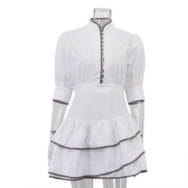 

Fashion Fashion Color Contrast Shirt Dress Stand Collar Puff Sleeves Waist A- line Dress Bubble Sleeve Dress White L
