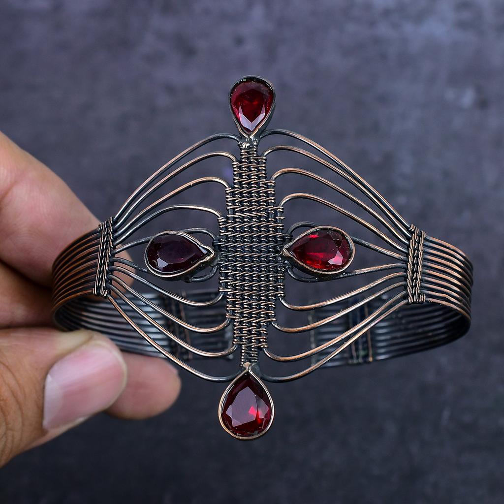Garnet Gemstone Handmade Copper Wire Wrap Cuff Bangle Adjustable ET-4982