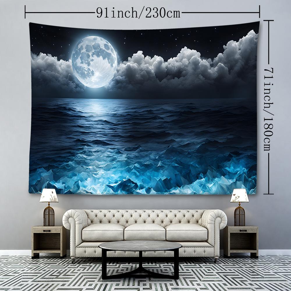 1 Ocean Moon Beach Tapestry Wall Hanging - Soft, Durable 100% Polyester Fabric | Vibrant Night Sky Design with Luminous Moonlight Reflections | Ideal