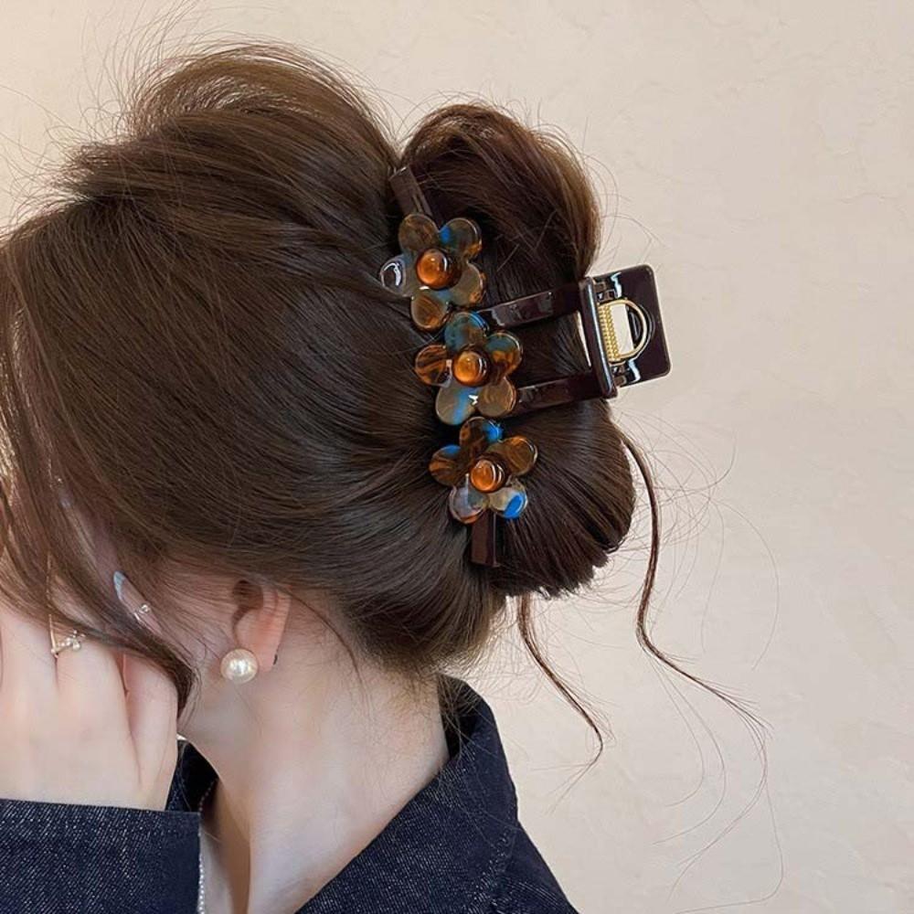 Tortoise Shell Acetic Acid Hair Claw Three Flower Non-Slip Grip Floral Shark Clip Large Size Strong Spring Acetate Hairpins