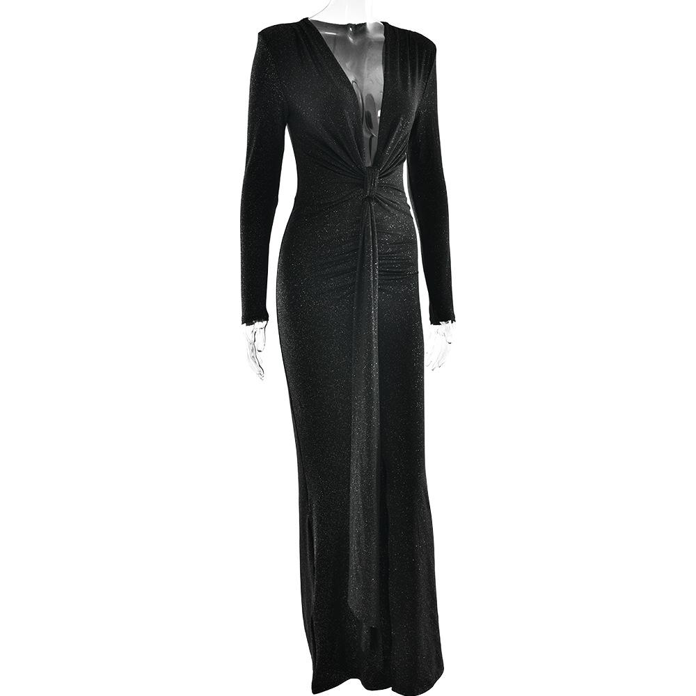 Long Sleeve Ruched Sexy Maxi Dress For Women Gown Fashion Skew Collar Draped Thigh High Split Club Long Dress