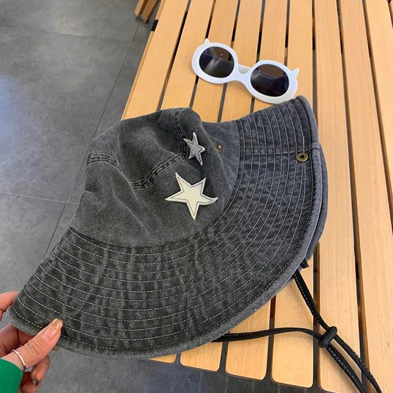 

Punk Star Wild Western Cowboy Caps Unisex Neck Draw String Retro Denim Hats Adjustable Bucket Hat for Women Men one size чорний