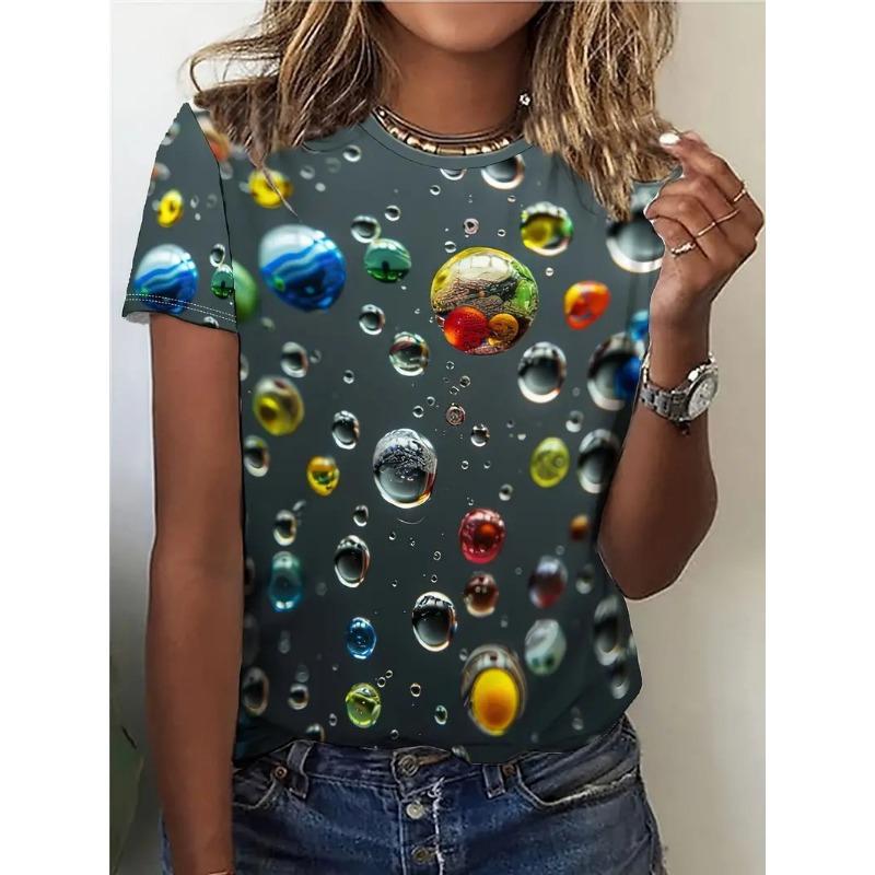 Summer Round Neck 3D Water Droplet Printed Top Fashionable Casual Short Sleeved Women's T-shirts