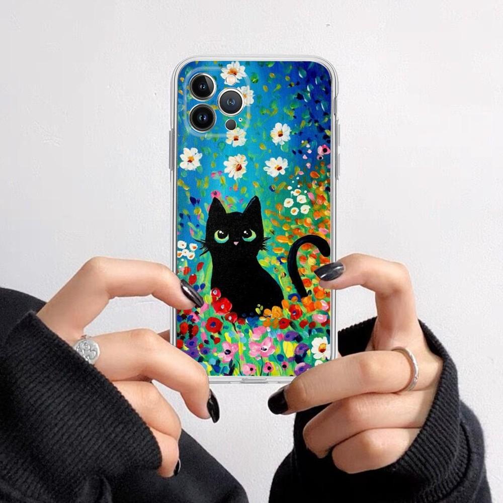 Cartoon Animal Black Cat Oil Painting Phone Case for iPhone 16 15 8 7 6 6S Plus X SE XR XS 14 11 12 13 Mini Pro Max Mobile Case