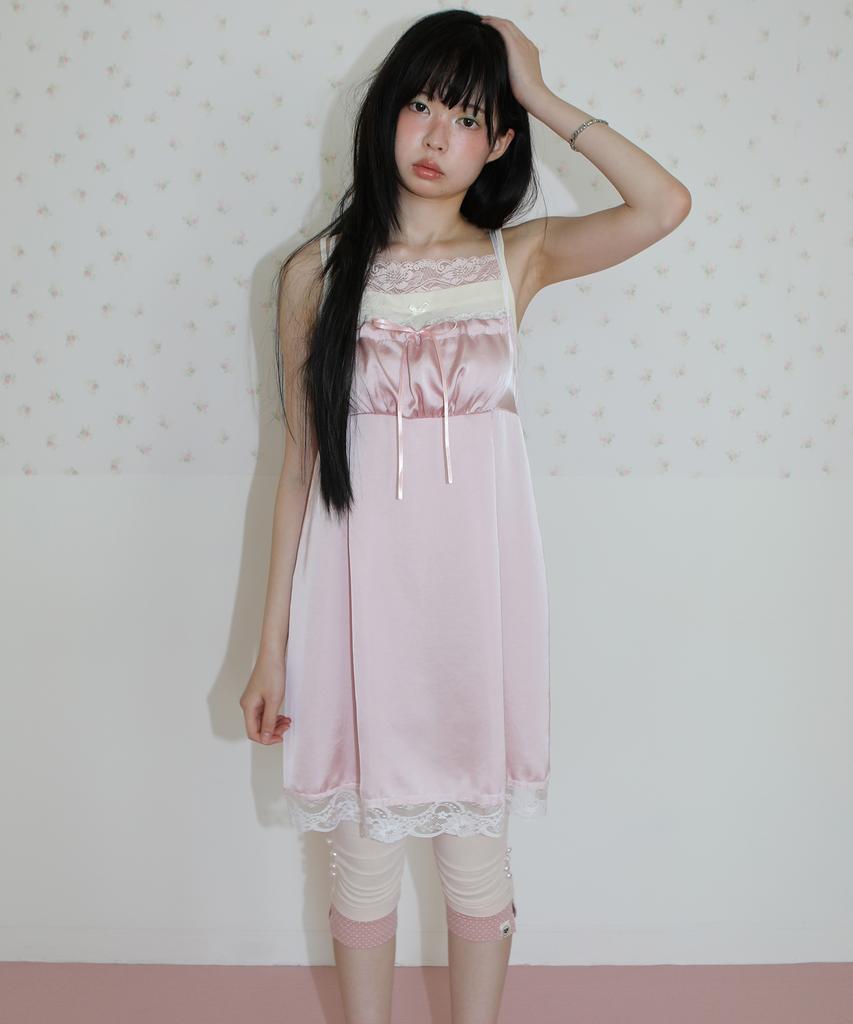 NOFFICIALNOFFICE Satin Ribbon Lace Slip Dress Pink