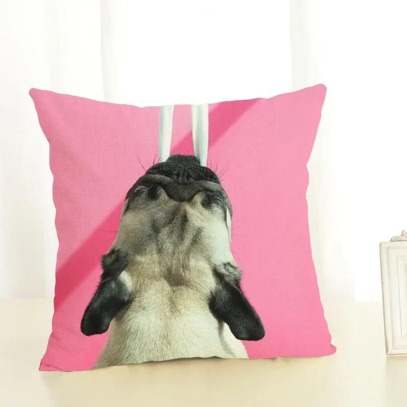 Funny Cartoon Pug Dog Printed Cushion Cover Linen Pug Dog Food Decorative Pillowcase Sofa Party Home Decor Sofa 45X45Cm