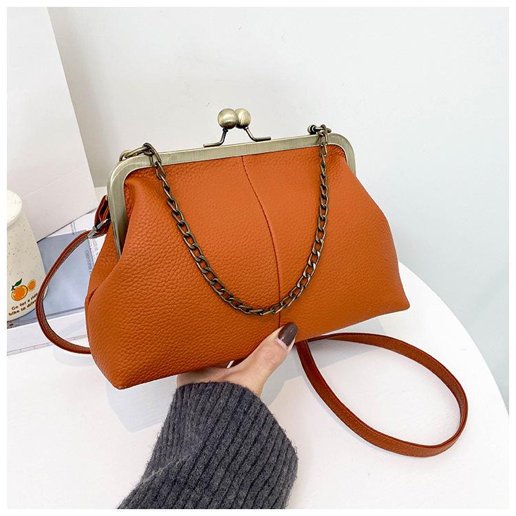 

Винтажная сумка из мягкой кожи, новая сумка с рисунком личи, простая и универсальная сумка на плечо, женская сумка через плечо с цепочкой и зажимом оранжевый