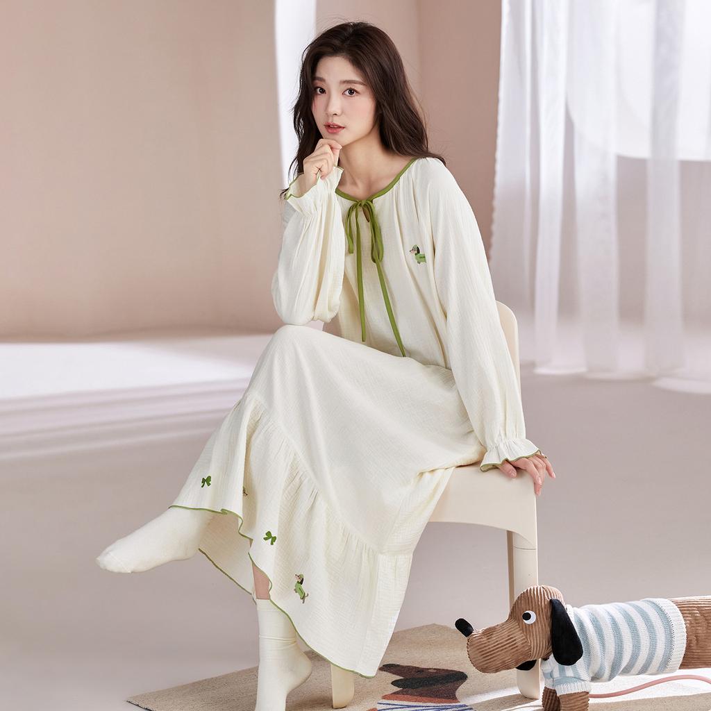 Pajamas Women Spring And Autumn Pure Cotton Long-Sleeved Medium And Long Skirts Cute Fairy Style Pajamas Gauze Can Be Worn Outside