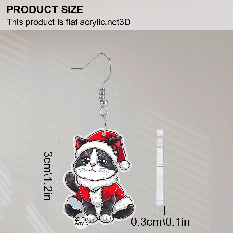 2D Flat Christmas Earrings Cute and Fun Acrylic Christmas Hat Black Cat Earrings Women's Holiday Party Accessories