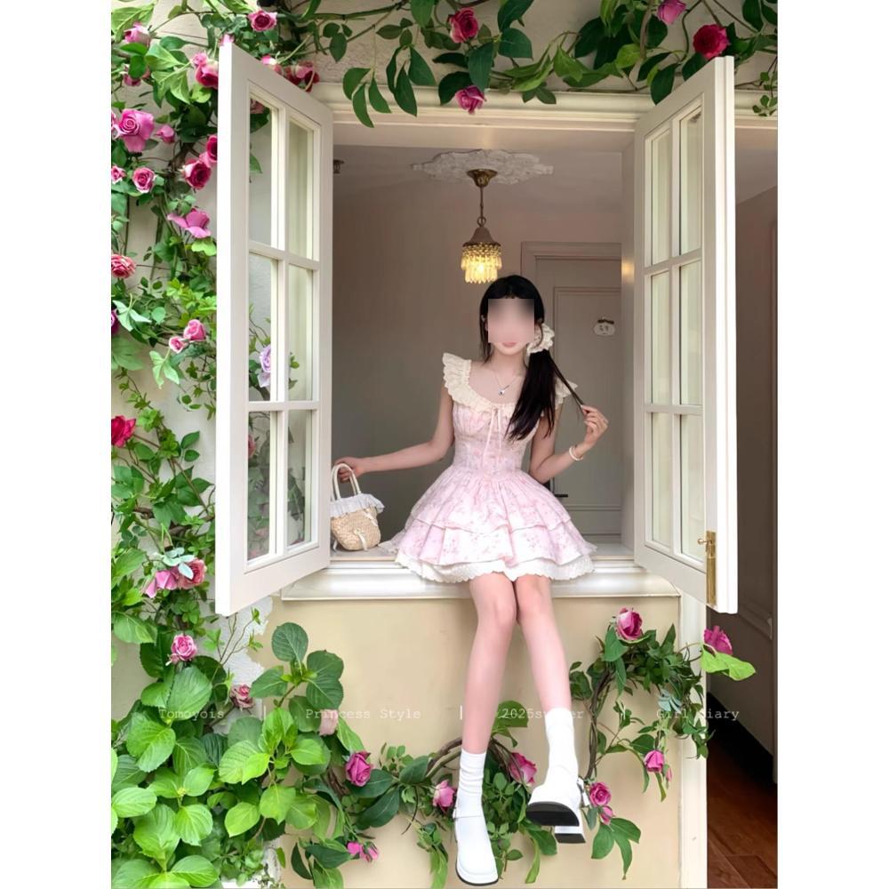 Beautiful princess cake skirt waist slimming sweet small flying sleeves gentle floral temperament waist short skirt girl