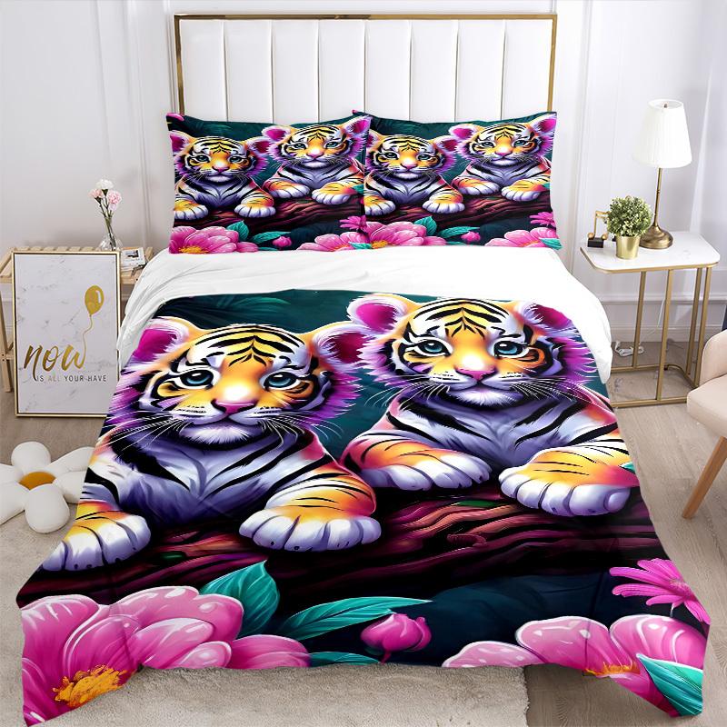 3pcs Tiger Cubs Duvet Cover Set -Includes 1 Duvet Cover and 2 Pillowcases, No Quilt Core, All-Season Home Decor  Yy251111196