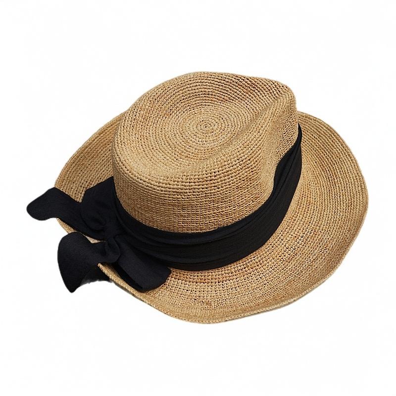 Japanese Big Bow Raffia Woven Versatile Jazz Top Hat Women'S Summer Sunshade Sunscreen Vacation Straw Hat Leisure