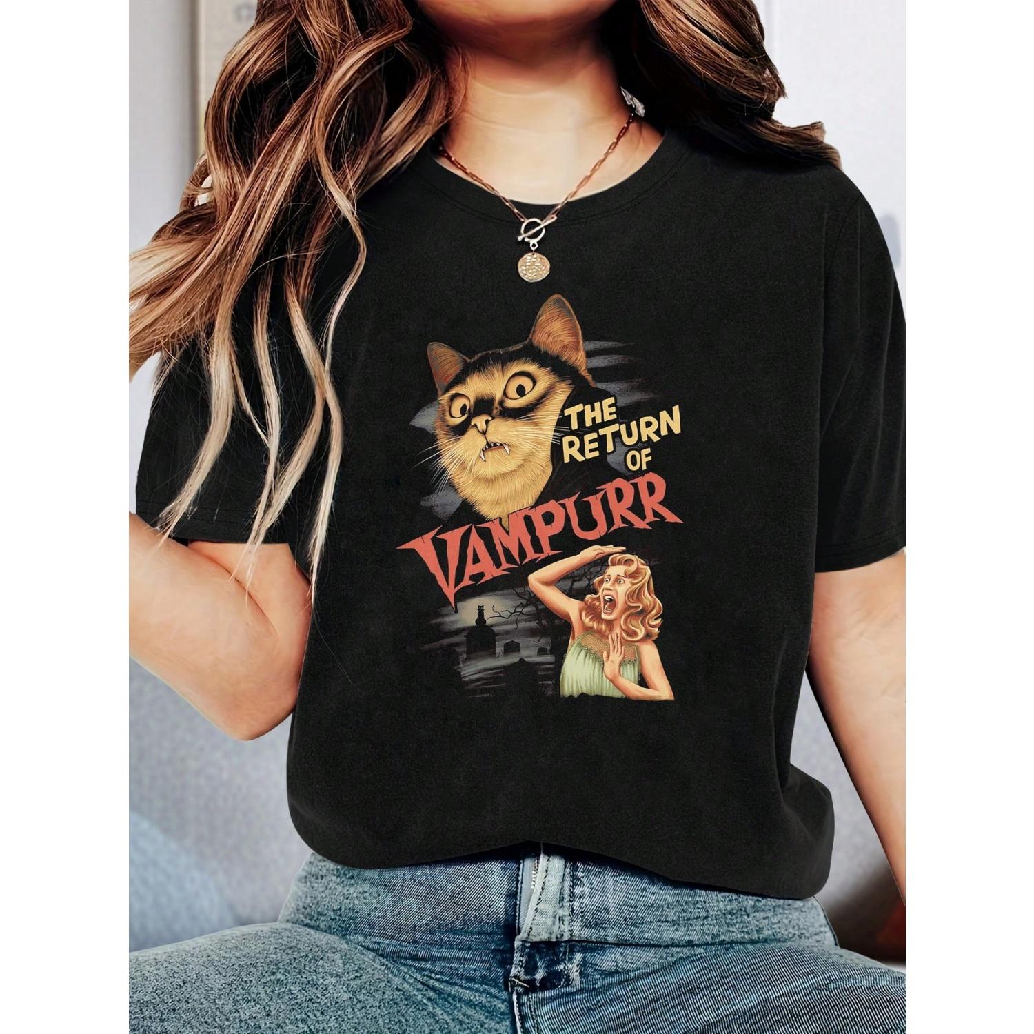 SHEIN LUNE Plus Size Retro Cat Print Casual T-Shirt Graphic Tees Women Tops S чёрный