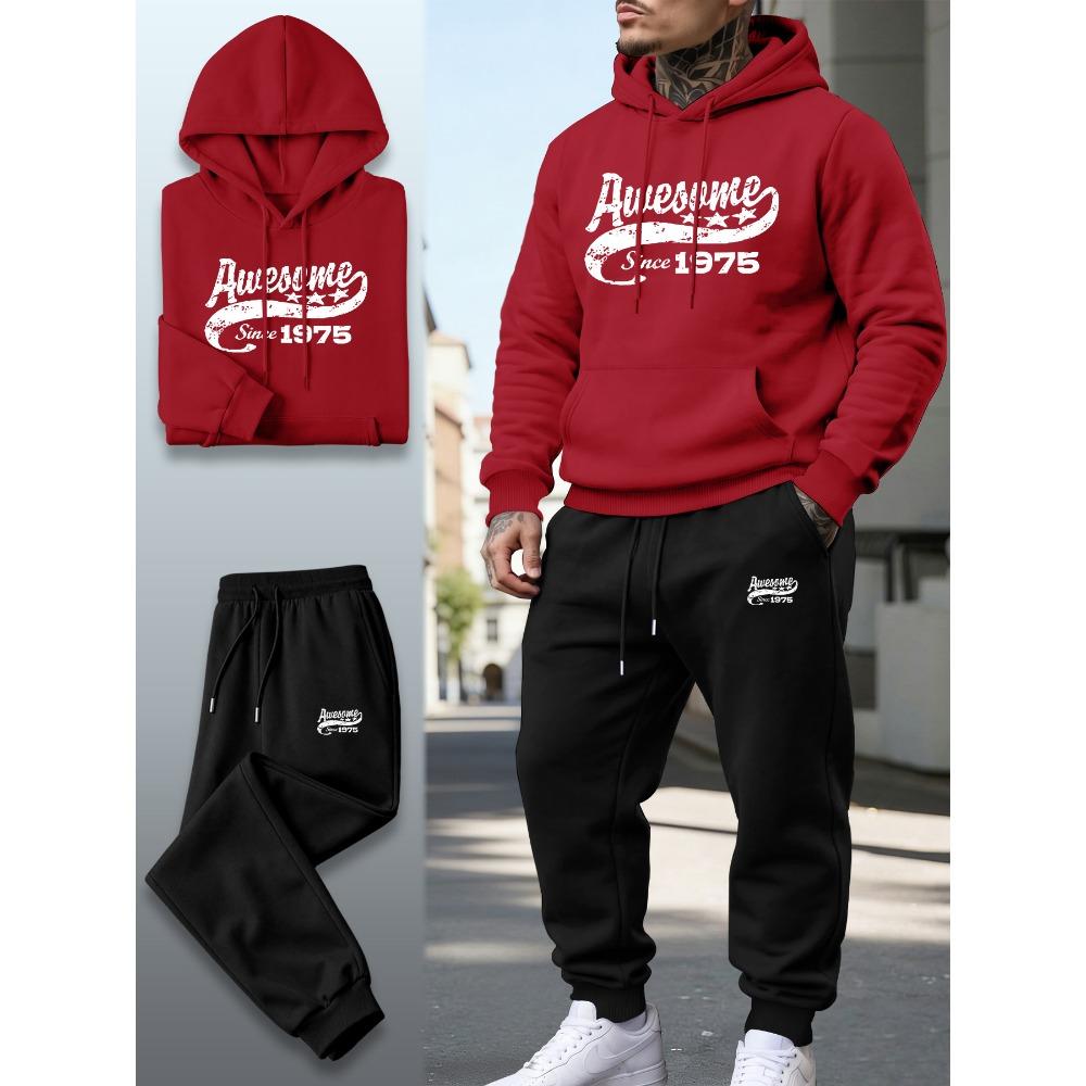 Retro Letter Printed Hooded Sweatshirt Set with Drawstring Sweatpants Two Piece Set for Men's Street Casual Sports Suit Trendy