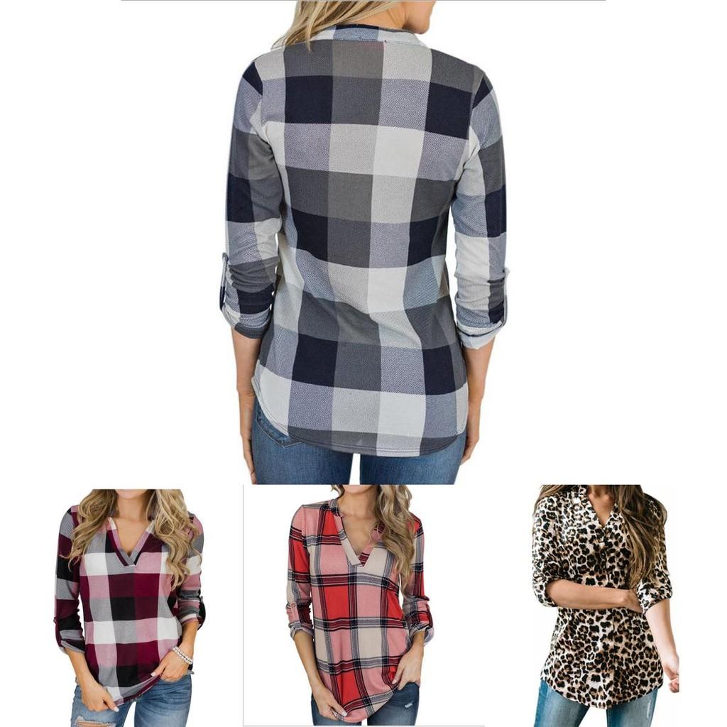 Women Vintage V-neck Loose Tops Long Sleeve Stylish T-shirt With Plaid Casual Design