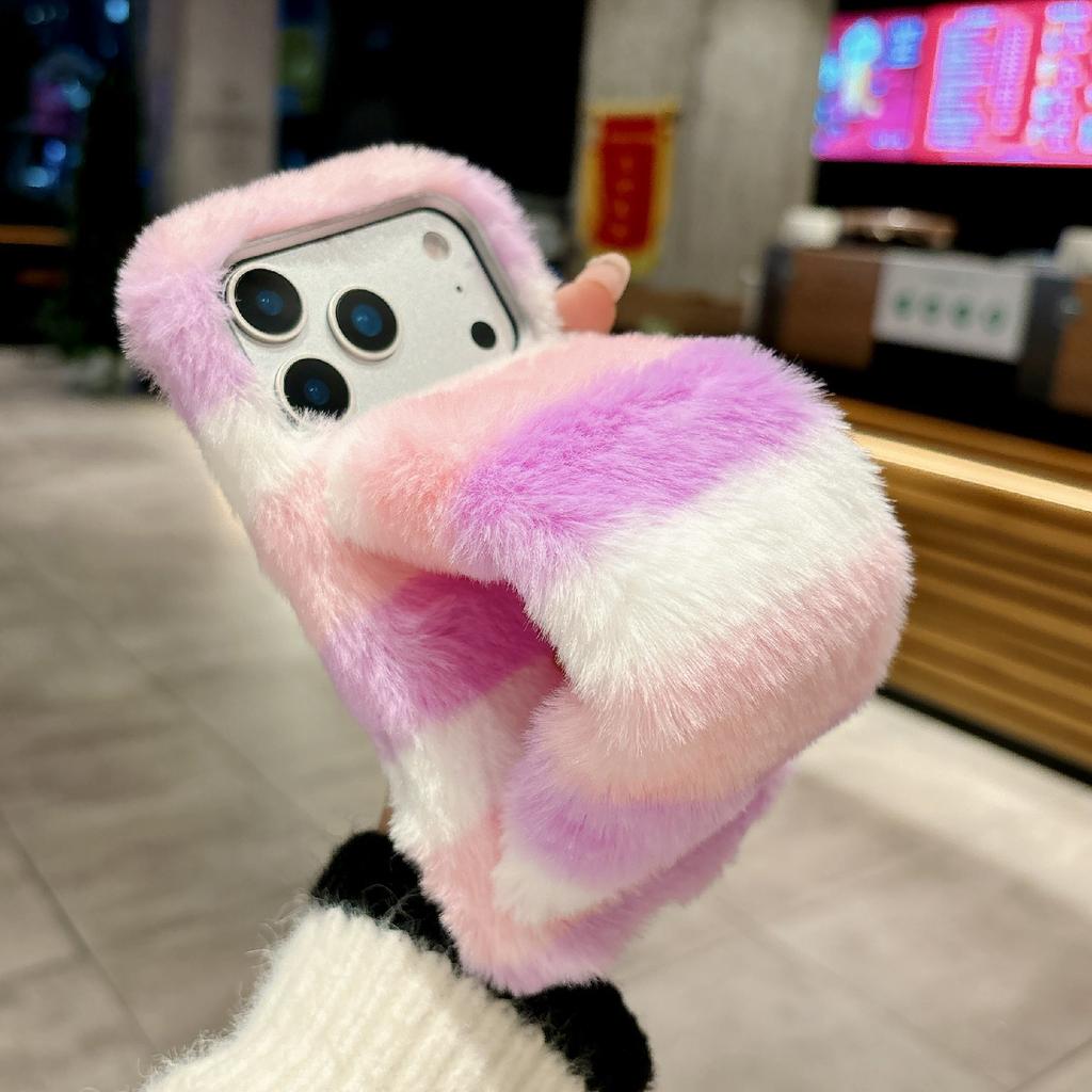 Für iPhone 17 Pro Regenbogen Flauschige Handyhülle Winter Warm Handschlaufe TPU Abdeckung