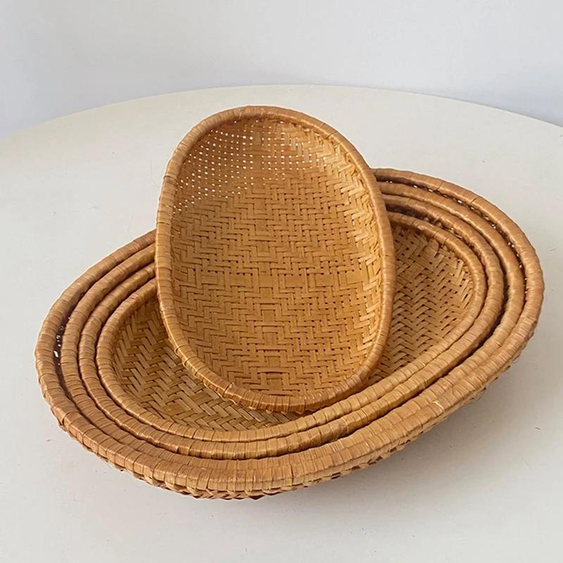 Cesta de Armazenamento Oval de Rattan Trançado Bandeja de Armazenamento de Pão Frutas Alimentos Cesta de Rattan para Exibição de Vegetais Artesanal Armazenamento de Cozinha