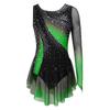 Girls Shiny Rhinestone Contrast Color Performance Dress Round Neck Asymmetrical Split Skating Dance Gymnastics Gown