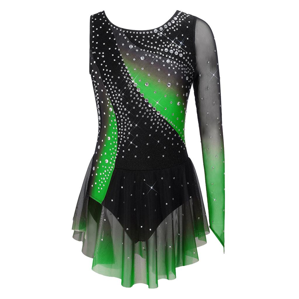 Girls Shiny Rhinestone Contrast Color Performance Dress Round Neck Asymmetrical Split Skating Dance Gymnastics Gown