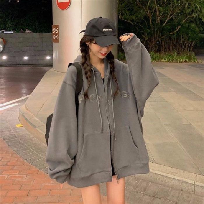 Women's 65% Cotton Embroidered Hooded Sweatshirt - Korean Style Loose Zip-up Jacket (2025 Student Collection)