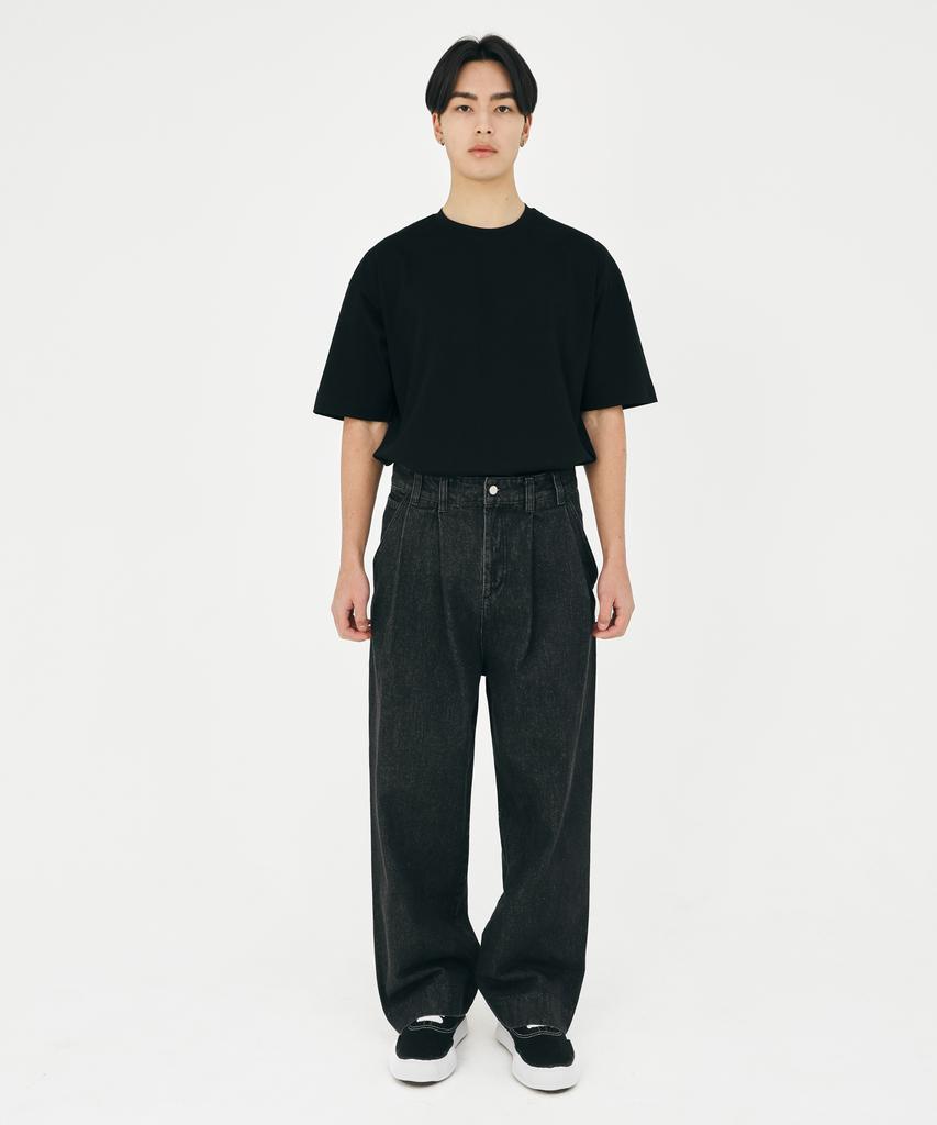 Seleuji Double-Pleat Wide Denim Pants V8_Black