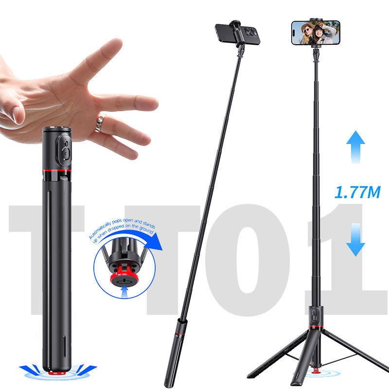TT01 1.77m Aluminum Alloy Telescopic Long Rod 69" All-in-one Auto Pop-up Tripod Selfie Stick with Remote Control for Phone
