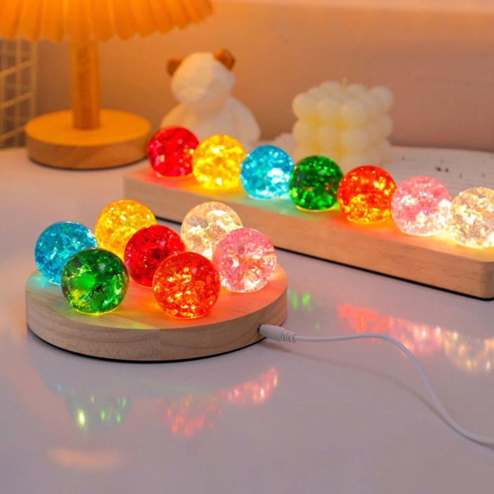LED Wood Stand Luminous Crystal Ornaments Shiny Glaze Beads Glass Sphere Figurine Home Decoration