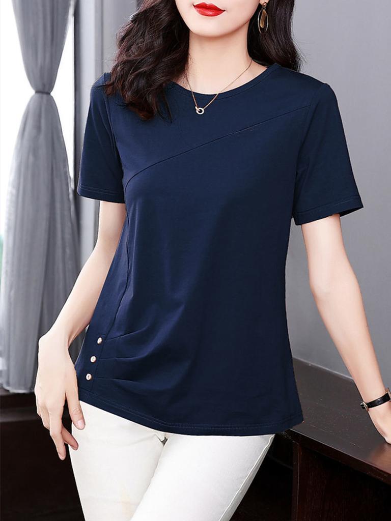 Women Summer Spring Fashion Cotton Blouses Shirts Lady Fashion Casual Short Sleeve O-Neck Solid Color T-shirt Blusas Tops