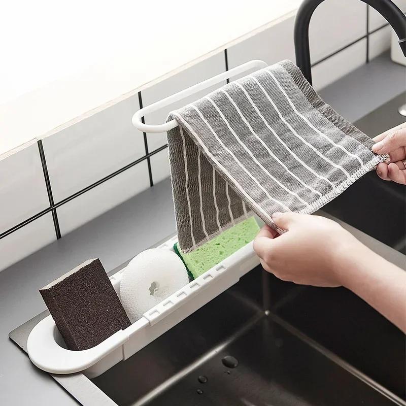 Telescopic Sink Shelf Drainer Rack Kitchen Organizer Soap Sponge Holder Towel Rack Storage Organizer Basket Gadgets Accessories