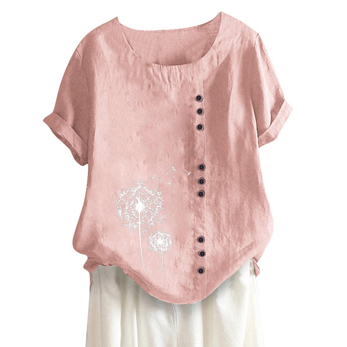 

Women s Short Sleeve Cotton Linen Print Casual Round Neck Top XL