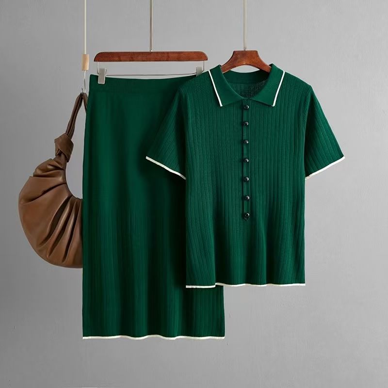 

Western Style Fashion Knitted Short sleeve Top Skirt Two-piece Set Knited Top and Skirt Set Green All yards
