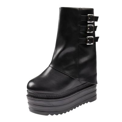 Mode Frühling 13cm Absatz Dicke Sohle Mid-Calf Stiefel für zierliche Frauen - Schwarz/Weiß Warm Stilvoll Höhenvergrößernd Röhrendesign
