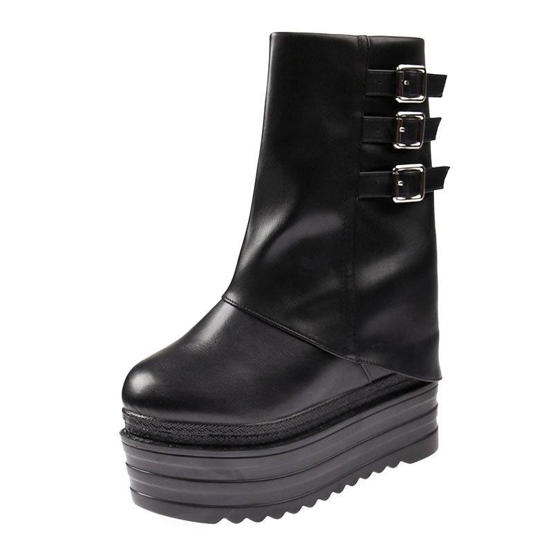 Fashion Spring 13cm Heel Thick Sole Mid-Calf Boots for Petite Women - Black/White Warm Stylish Height-Increasing Smoke Tube Design