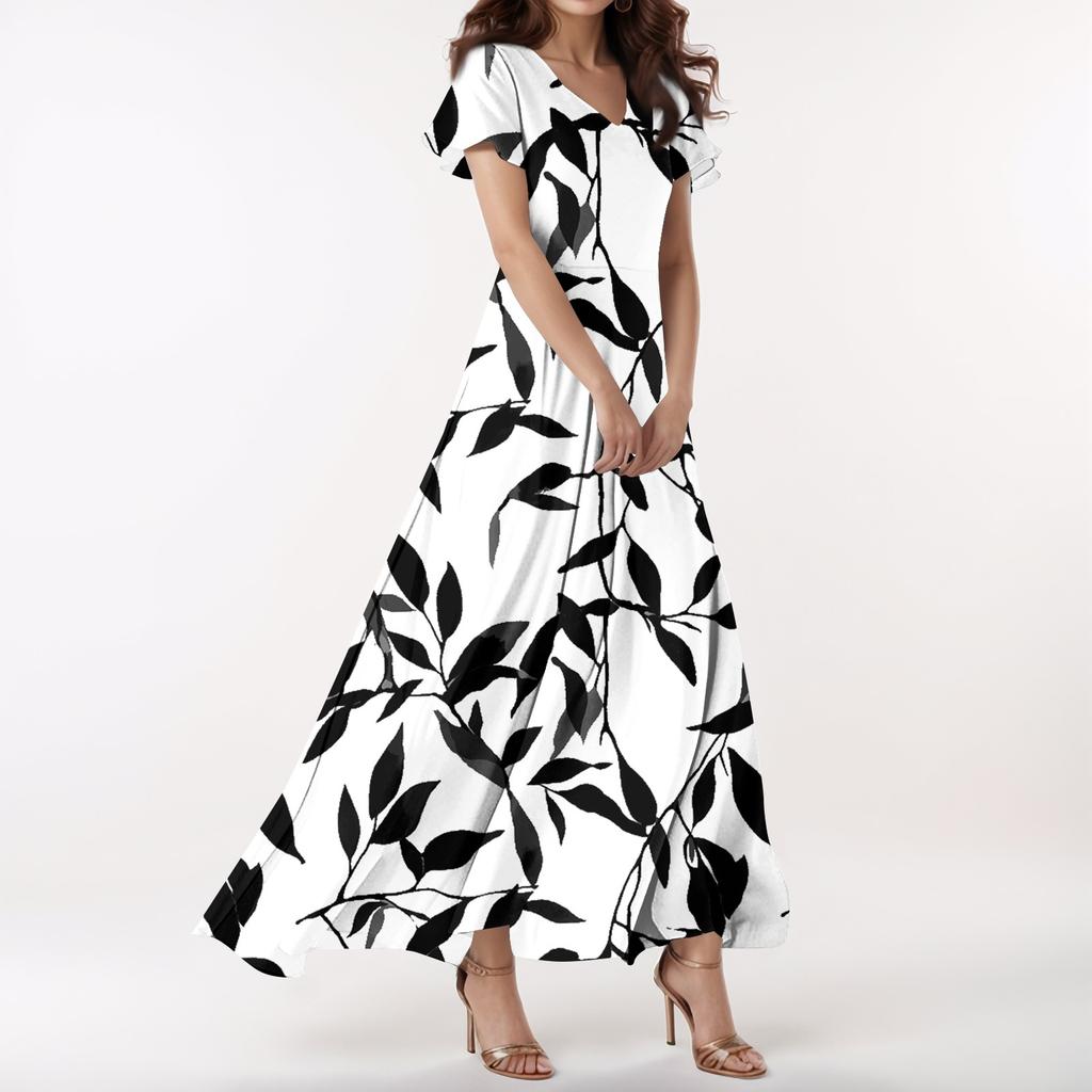 Lässiges Damenkleid mit V-Ausschnitt, kurzen Ärmeln und hoher Taille, Retro-Blumenblatt-Print