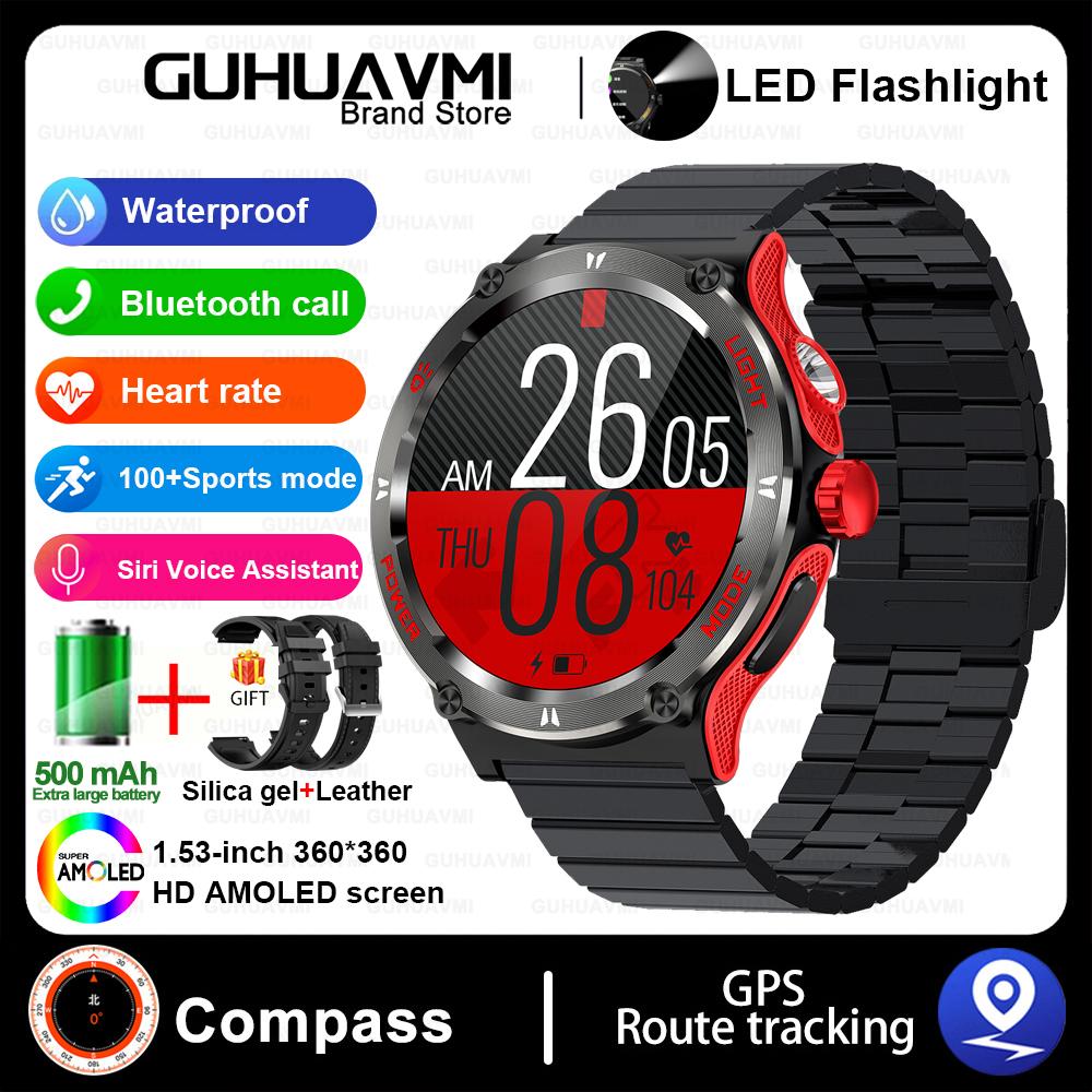 Outdoor Military Smart Watch Men LED Strong Light AMOLED Screen Heart Rate Compass Bluetooth Call 3ATM Waterproof Smartwatch