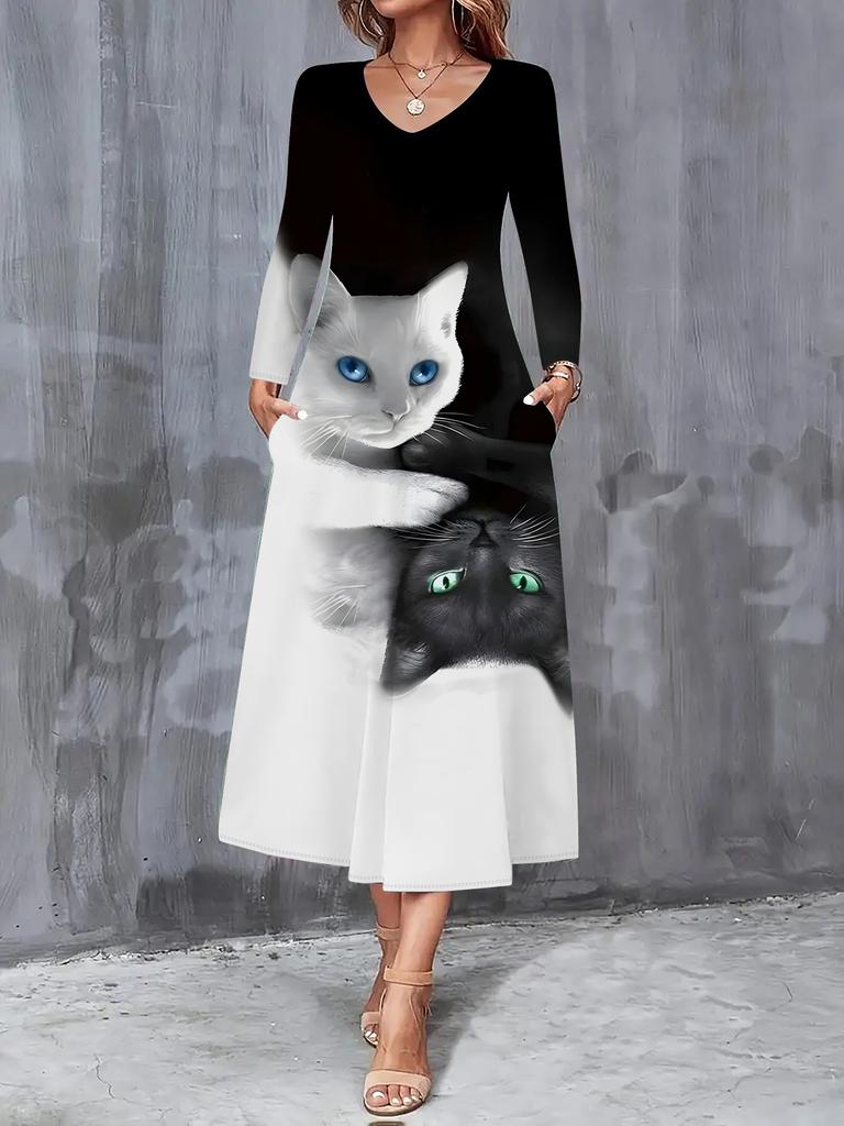 2025 Autumn and Winter New Women Casual Fashion Dress Autumn 3D Cat Print Long Sleeve V-Neck A-Line Dresses