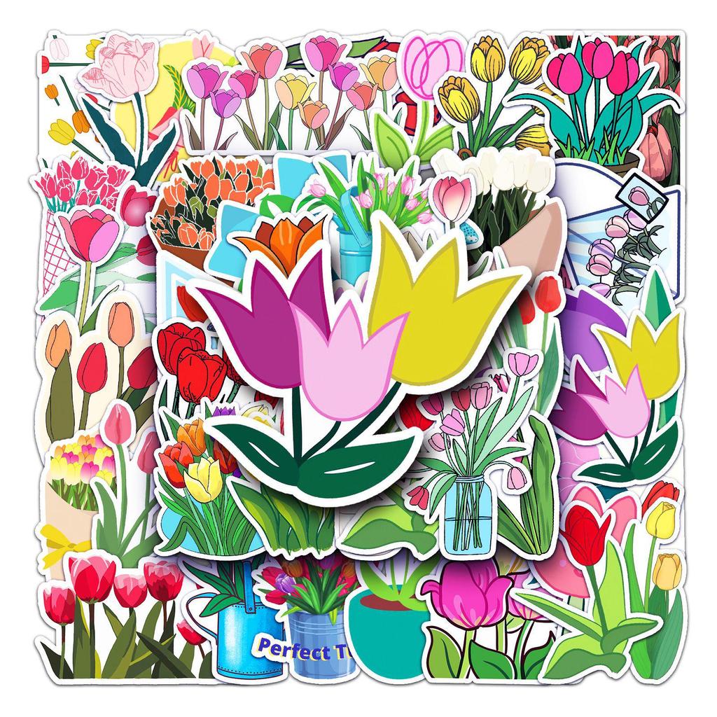 50pcs Tulip Cartoon Graffiti Stickers for Journals, Water Bottles & Suitcases - Waterproof