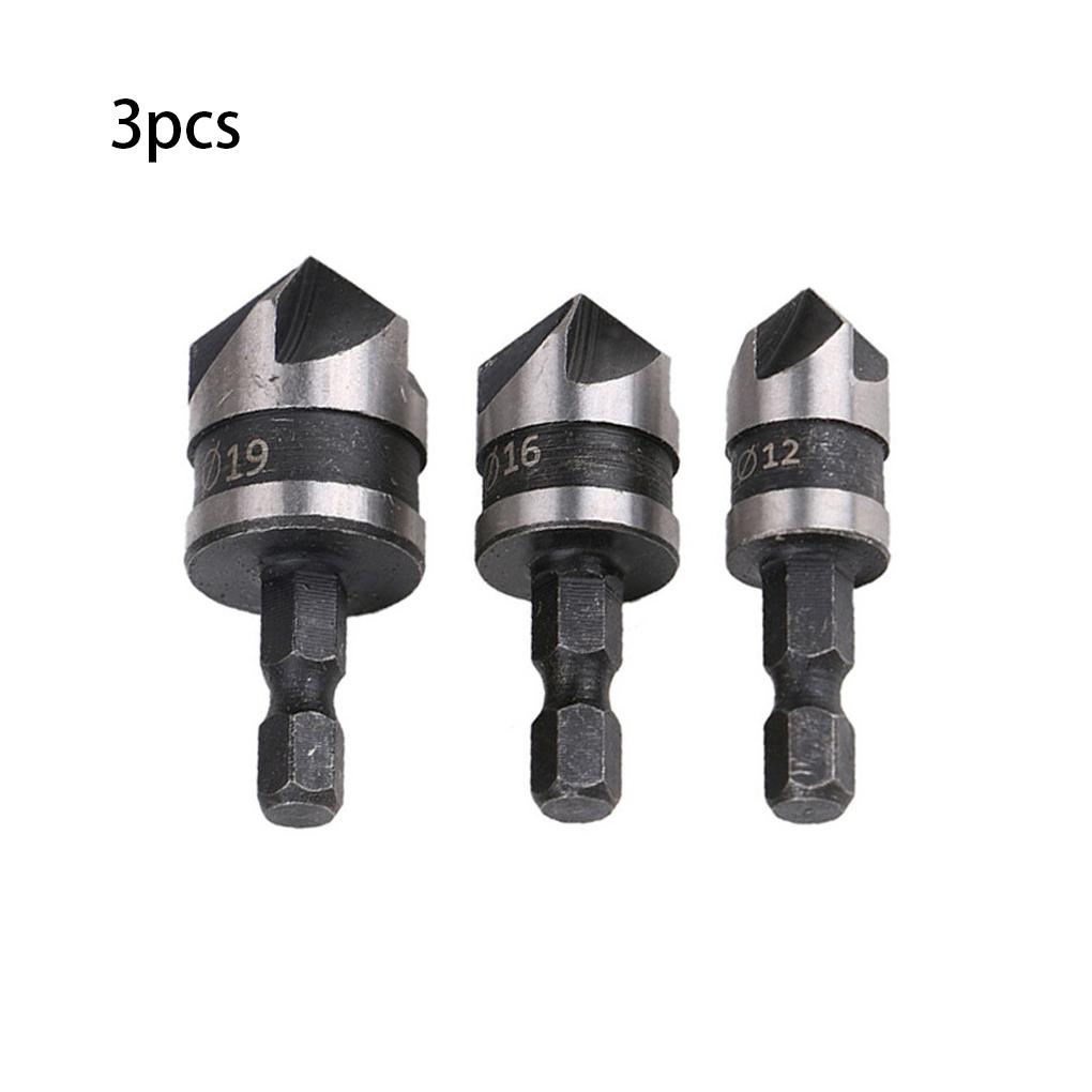 3pcs 90-degrees Chamfer Drill Bit Set Rustproof 5 Flute Wood Working Tool Lightweight Wear-resistant Countersink Drills Bits