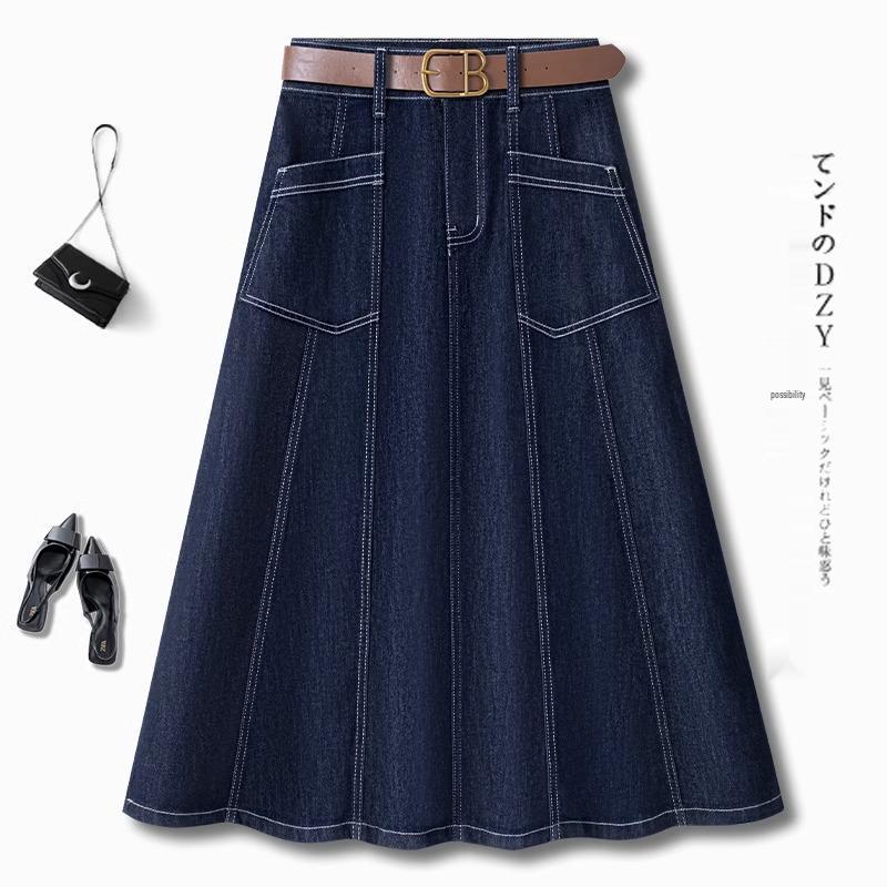 Summer 2025 Light Blue A-Line Denim Midi Skirt for Women - Slimming, Loose Fit, Hip-Covering, Midi Length, Wide Hem