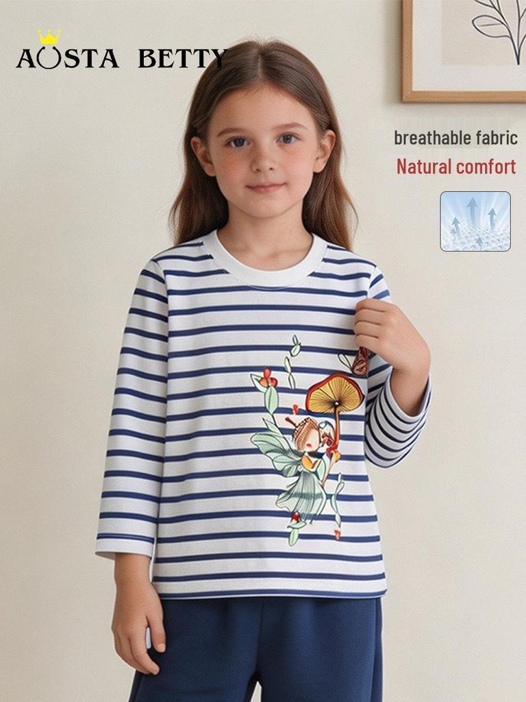 Autumn Girls' Long Sleeve Cartoon Print Striped Cotton T-shirt
