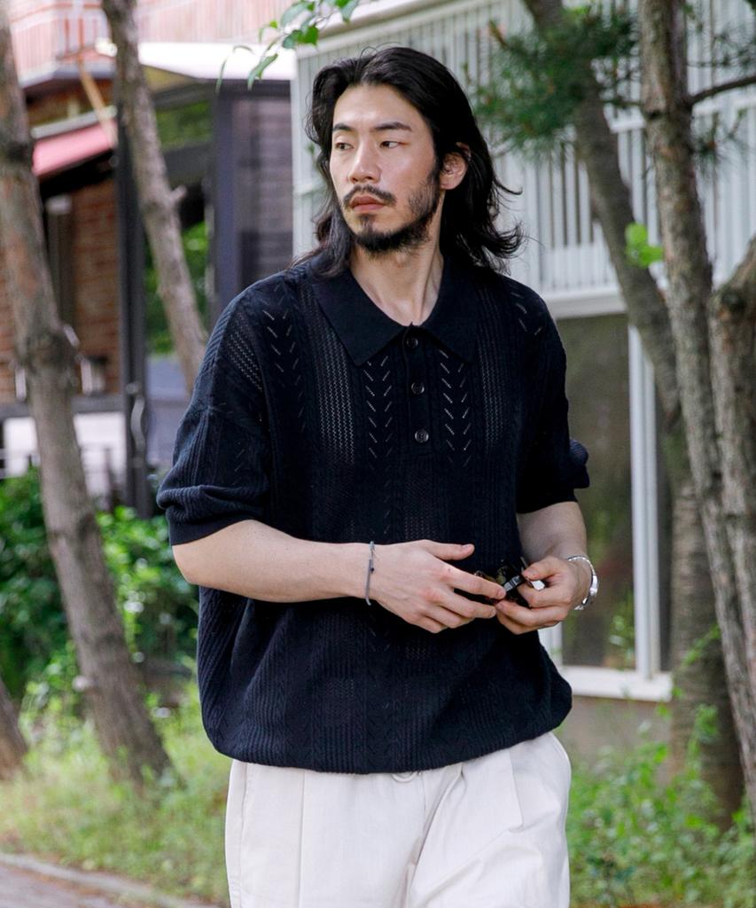 RUGGED HOUSE Cable Collar Short Sleeve Knit Navy