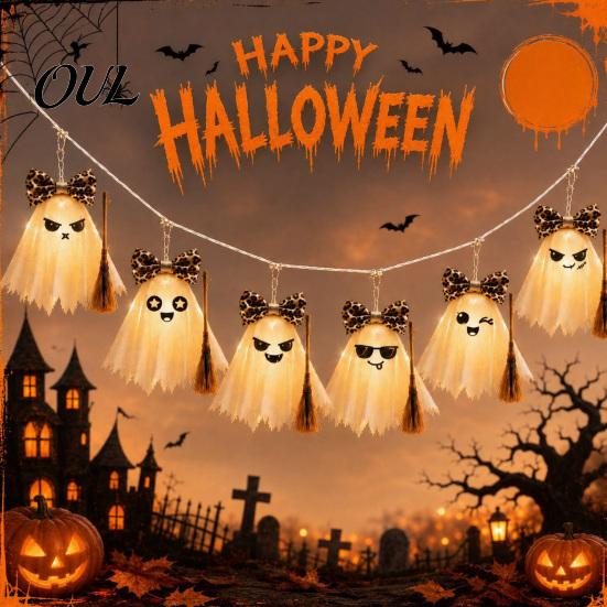 Leopard Print Bow Ghost Lights LED String for Halloween Decorations, Cute Hanging Gauze Lamps Holiday Room Ornament with Warm White Lights,