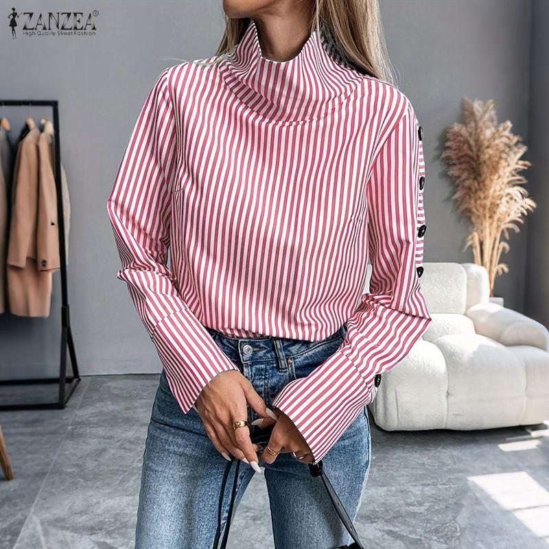 ZANZEA Women Casual High Neck Loose Long Sleeve Stripe Blouse