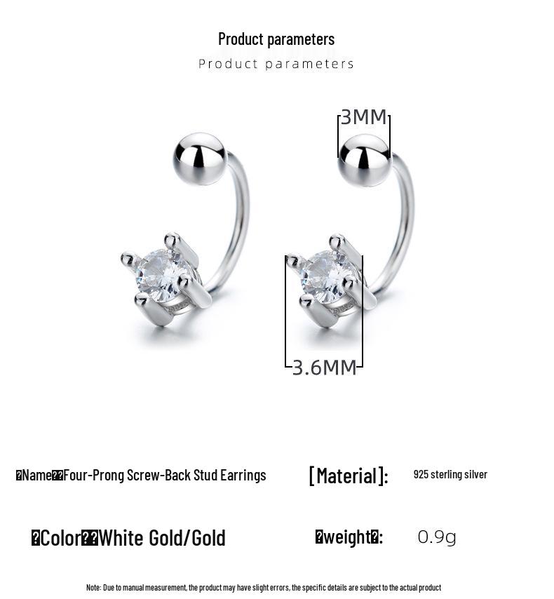 S925 Sterling Silver Zircon Screw-Back Stud Earrings - Simple C-Shaped Design for Cartilage and Round Face Slimming