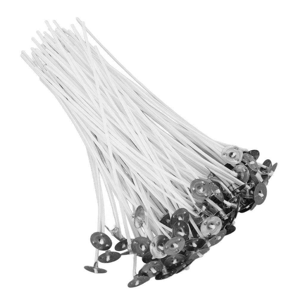 100PCS Mèche de Bougie en Coton 15cm5.9in Ordinaire Blanc Cire de Soja avec Base pour Fabrication de Bougies Parfumées