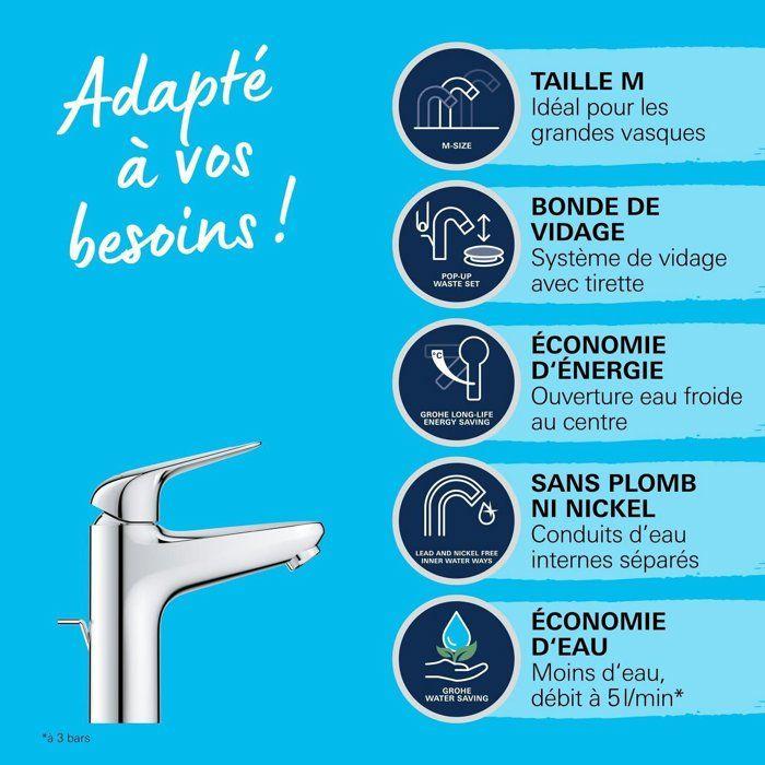 Mitigeur monocommande lavabo - GROHE Swift - 24328001 - Chromé - Taille M - Ouverture Eau Froide - Economie d'eau -Tirette et vidage