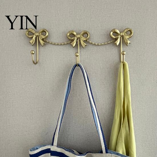 Retro Bedroom Wall Hook Iron Art Bow Triple Hook, Mounted Decorative Hanger, French Hanger Style Gold Metal Organizer for Entryway Bathroom And Three